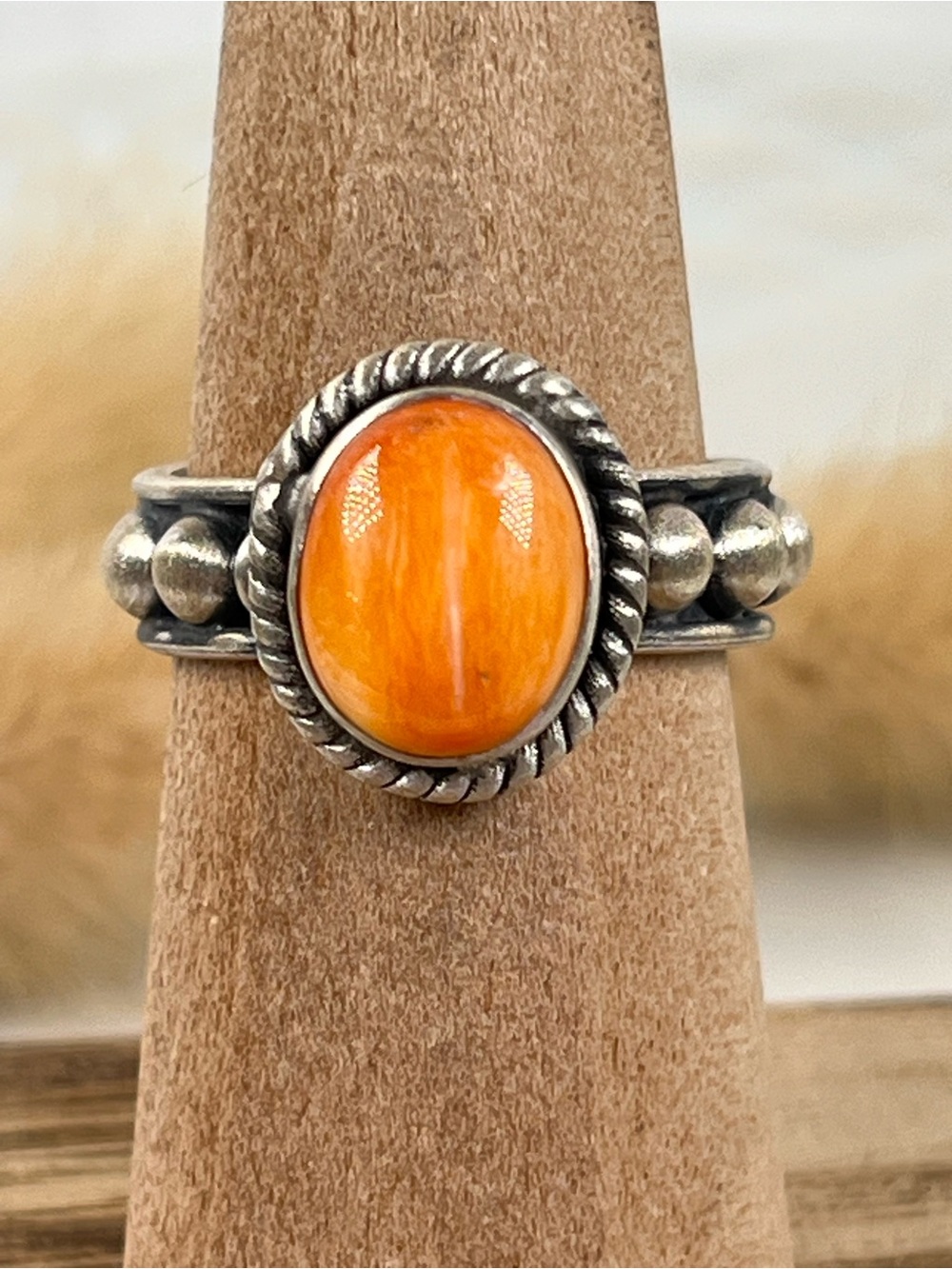 Solid Sterling Silver Orange Spiny Oyster Shell Ring Adjustable Size 6.5 - Picture 10 of 10